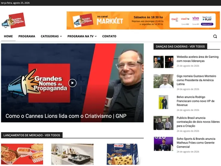 Portal Grandes Nomes da Propaganda no ar, com destaque editorial e busca